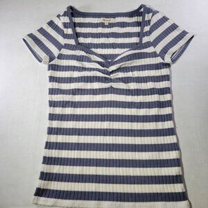 Madewell Women Cotton Blue & White Striped Ribbed Short Sleeve V-Neck Top XS
